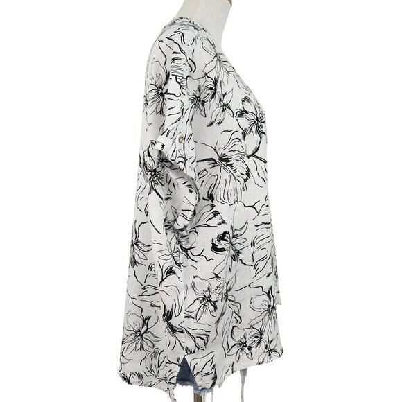 Joie Blouse Women's 1X Linen V Neck Short Sleeve Floral Print Top Black White - Picture 2 of 12